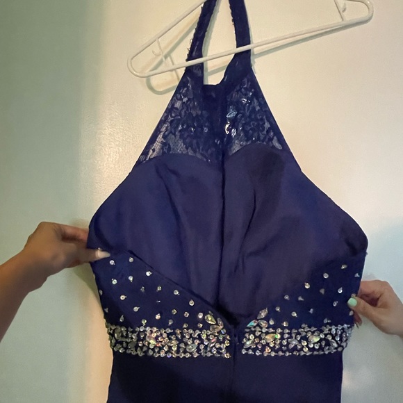 Navy Blue Rhinestone Long Halter Dress - Picture 4 of 6